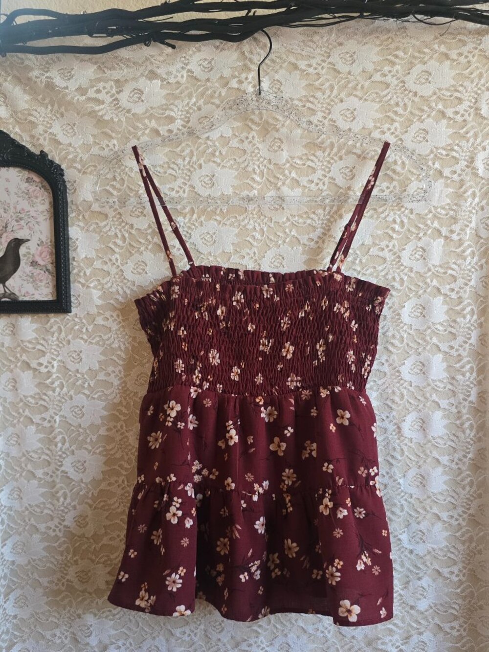 Paper Crane Floral Smocked Peplum Cami Tank - dark academia - dark cottagecore